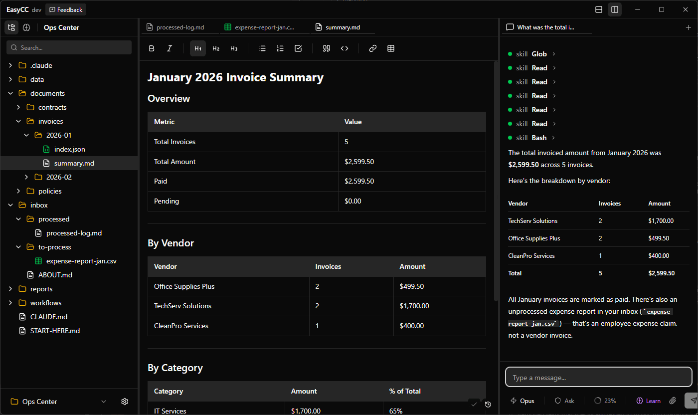 EasyCC application interface showing the AI assistant in action